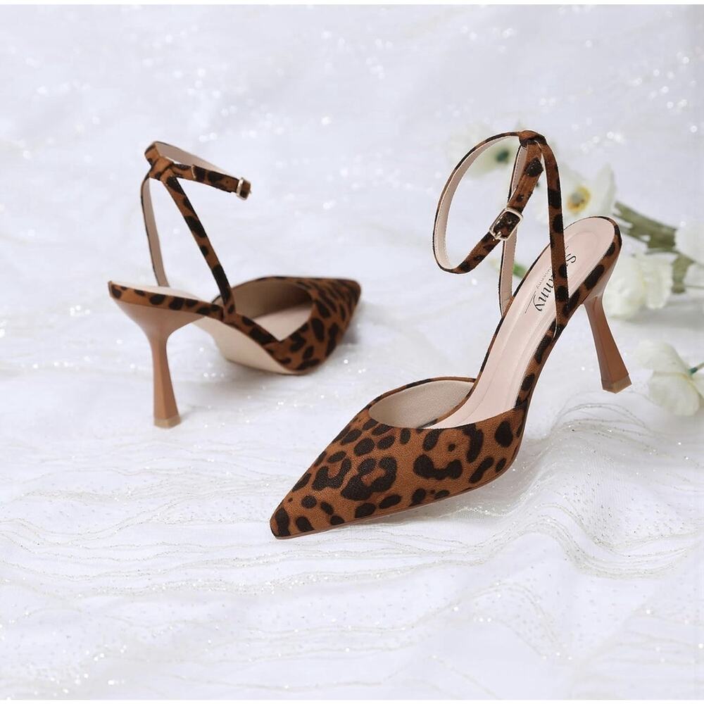 Closed Toe Ankle Strap Heels Pumps Pointed Toe Heeled Sandals Brown Leopard 7.5 - Picture 2 of 11
